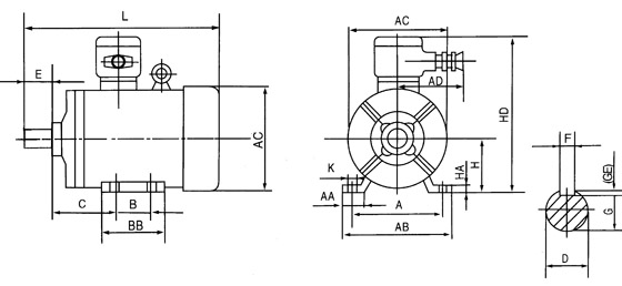 YB2防爆電機(jī)的B3結(jié)構(gòu)和機(jī)座帶底腳，端蓋無凸緣